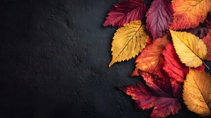 Vibrant autumn leaves on a dark textured background, seasonal foliage with warm colors, nature inspired composition for fall themes, elegant botanical frame for seasonal designs
