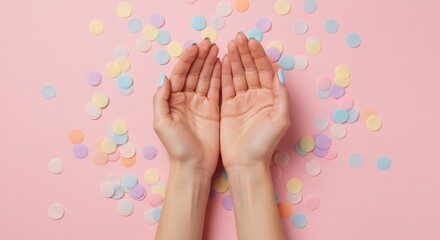Open Hands Offering Pastel Confetti on Pink Background.