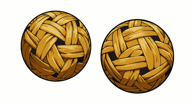 A pair of illustrated Sepak Takraw balls with a traditional woven rattan design.