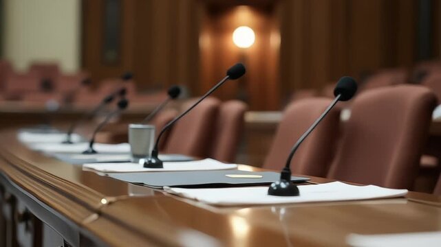 Microphones stand ready on a wooden table in a formal meeting room setting