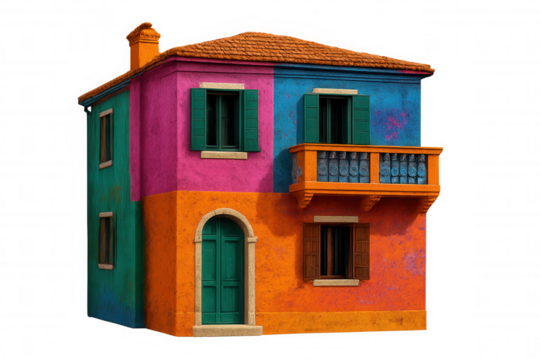 Vibrant mediterranean house with wooden balcony, emerald green door, standing against transparent backdrop for architectural design projects