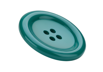 Close-up of a glossy teal four-hole button with reflective surface on black background