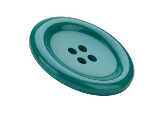 Close-up of a glossy teal four-hole button with reflective surface on black background