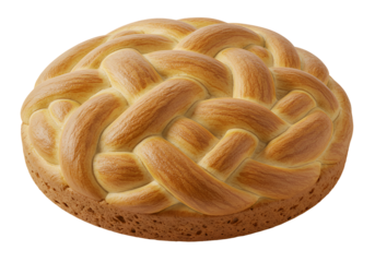 Close-up of a gourmet bread with a beautifully woven pattern on top and a crispy crust against a