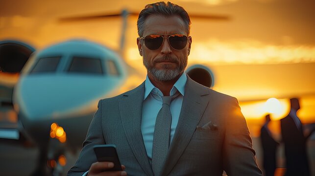 A successful, sharp-suited entrepreneur stands confidently outside a sleek private jet, checking his phone during a golden sunset.