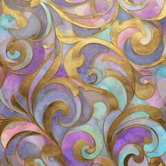 art nouveau swirl pattern with metallic gold and watercolor pastel wash