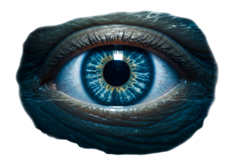 Close-up of a human eye with surreal underwater ripple effect and vivid blue iris