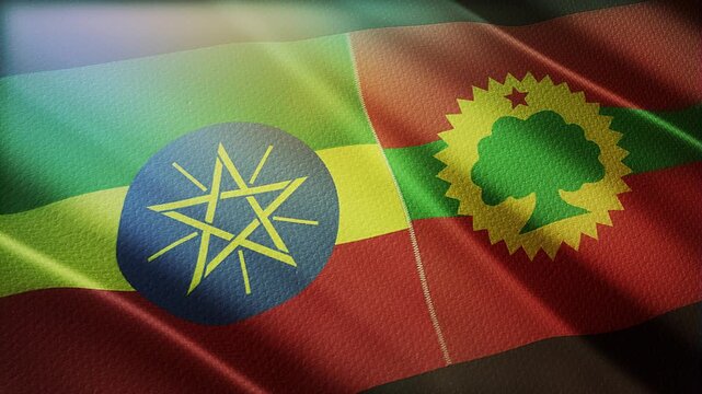 The diagonal and stitched-aligned combined Ethiopia and Oromo Liberation Army OLA flags are waving in the wind. Concept of Strategic negotiation, national relationship, Conflict, and War. 