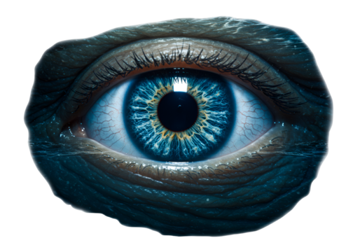 Close-up of a human eye with surreal underwater ripple effect and vivid blue iris