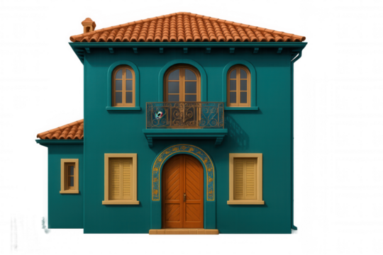 Mediterranean villa with teal facade, ornate balcony, terracotta roofing, architectural details standing against transparent background