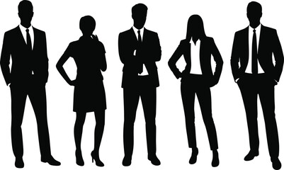 Business people silhouette vector illustration, professional men and women in formal attire, standing pose, team concept, corporate figure icons, black design