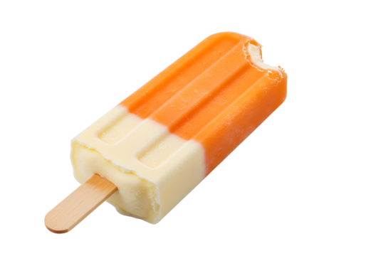 Close-up of a partially eaten orange and vanilla layered ice cream popsicle with a wooden stick on