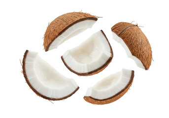 Fototapeta premium Fresh coconut pieces isolated on transparent background, showcasing the white flesh and brown fibrous husk, a healthy tropical fruit