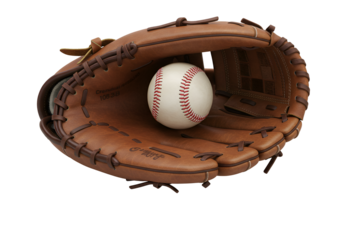 Close-up of a professional baseball glove with a baseball inside on a black background