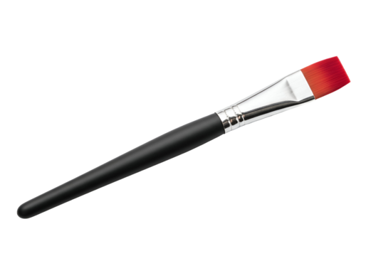 Close-up of a professional paintbrush with black handle and red bristles against a black background