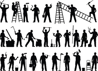 Silhouettes of construction workers and painters with tools and ladders engaged in various building and renovation tasks