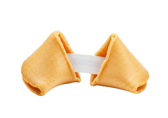 Two halves of a fortune cookie, revealing a blank white paper slip inside, isolated on a transparent background