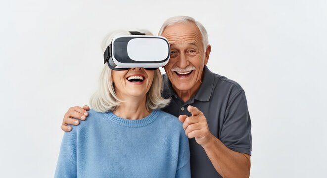Happy Senior Couple Experiencing Virtual Reality with VR Headset, Laughing and Enjoying Technology