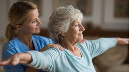Young Nurse Helping Senior Woman Stretch Arms for Wellness and Care