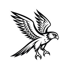 Elegant line art illustration of a powerful falcon captured in mid flight with its sharp talons extended forward