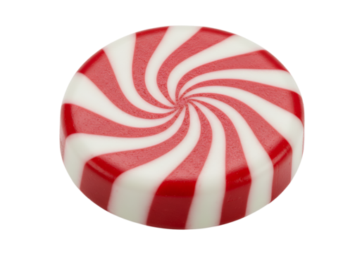 Close-up of a red and white swirled peppermint candy on a black background with a glossy finish