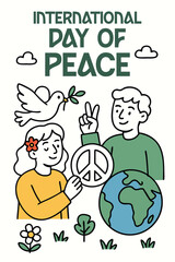 cheerful illustration for the International Day of Peace with a smiling girl holding a peace sign, a dove, and a globe symbolizing unity, love, and harmony around the world
