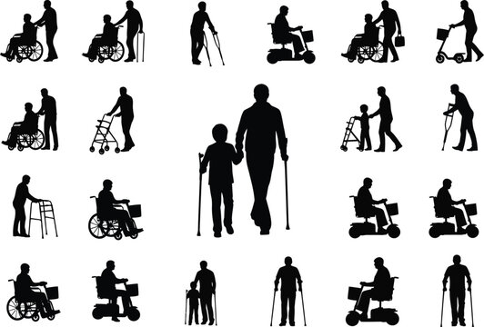 Collection of silhouettes depicting people with disabilities receiving assistance and using mobility aids