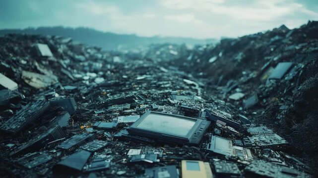 Electronic waste landfill with discarded computer parts circuit boards and scrap technology creating vast environmental pollution and impacting environment with hazardous landfill debris