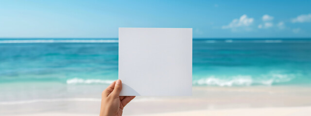 Blank White Card on Tropical Beach With Coconut Water and Ocean Waves in Minimalistic Composition for Design Mockup