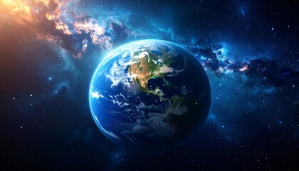 Fototapeta premium Earth, viewed from space, surrounded by nebulae and stars, sunlit