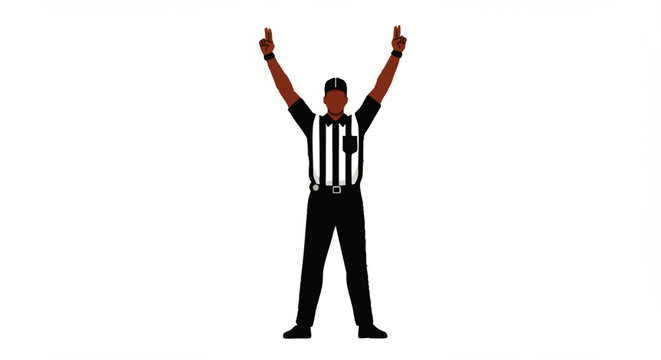 Black American football referee in a striped uniform signaling a touchdown with raised arms.