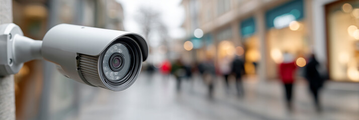 Fototapeta premium A security camera is positioned in a bustling shopping area, capturing the activity of pedestrians as they explore stores and enjoy the urban environment.