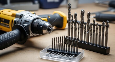 A close-up view of a yellow and black cordless drill next to multiple sets of metal drill bits on a wooden workbench.