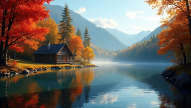 Autumnal cabin by a serene lake nestled in a mountain valley. - Powered by Adobe
