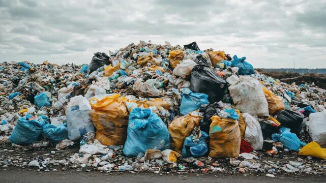 Garbage dump with large piles of colorful plastic bags and waste scattered under cloudy sky showing environmental pollution landfill trash rubbish refuse and waste management challenges outdoors