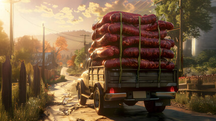 Cargo truck full of sausages on the road with sun shining. Concept of high quality food products, cargo and shipping.