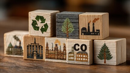 Icons of CO2 and carbon credits on wooden cubes representing environmental trade systems and sustainability in business