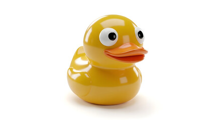 Bright yellow rubber duck toy with large eyes and orange beak isolated on white background perfect for bath time fun and children's play activities