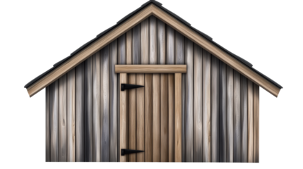 Rustic Wooden Shed With Black Hinges And Pitched Roof, cut out transparent
