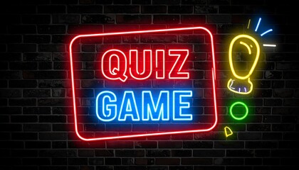 Obraz premium Neon sign quiz game on brick wall