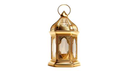 Ornate Golden Lantern with Decorative Engravings and Inner Flame, cut out transparent