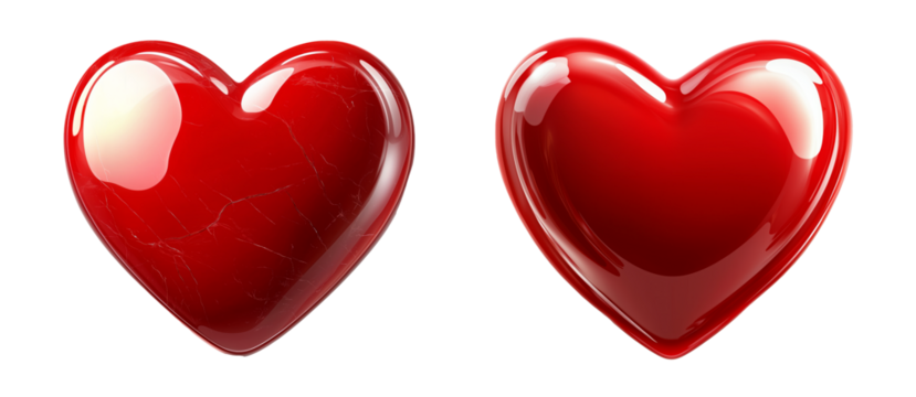 Shiny red heart with smooth, glossy texture isolated on white transparent background, symbol of love, passion and romance concept of Valentine Day
