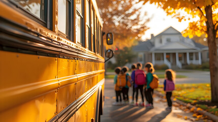 Yellow school bus parked in misty suburban neighborhood as children wait beside it; autumn leaves, and warm light evoke nostalgia, motion, and back-to-school charm.