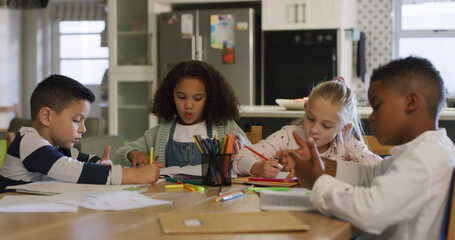 Writing, education and homework with friends in house for learning, class project and assessment. Knowledge, growth and students or kids in home for child development, math lesson and study together