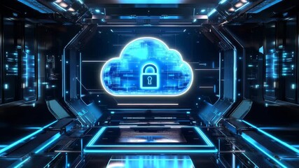 Futuristic digital cloud glowing with lock symbol in neon blue inside high tech data center room showcasing advanced cloud security technology and digital protection for secure data center storage - Powered by Adobe