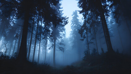 Mysterious dark forest with dense fog and towering trees during twilight hours