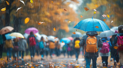 Children with backpacks and umbrellas walk to school on a rainy autumn morning, leaves fall around them, mist and blurred background evoke warmth, motion, and seasonal atmosphere.