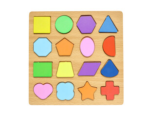 Wooden geometric shapes. Puzzle game education on white background with clipping path from above.