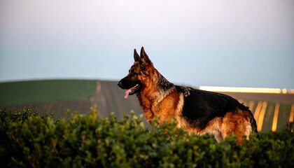 German Shepherd dog standing in bushes at sunset, overlooking rolling hills