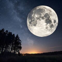 Full Moon Over Night Sky, Bright Moonlight, Starry Evening, Lunar Glow, Astronomy Background